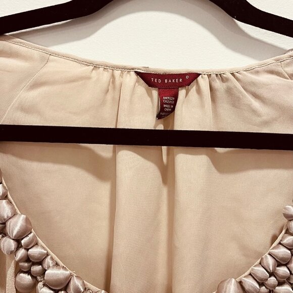 Ted Baker Silk Nude Pink Ruffle Puff Short Sleeve Semi Sheer Drop Waist Blouse - Picture 5 of 8